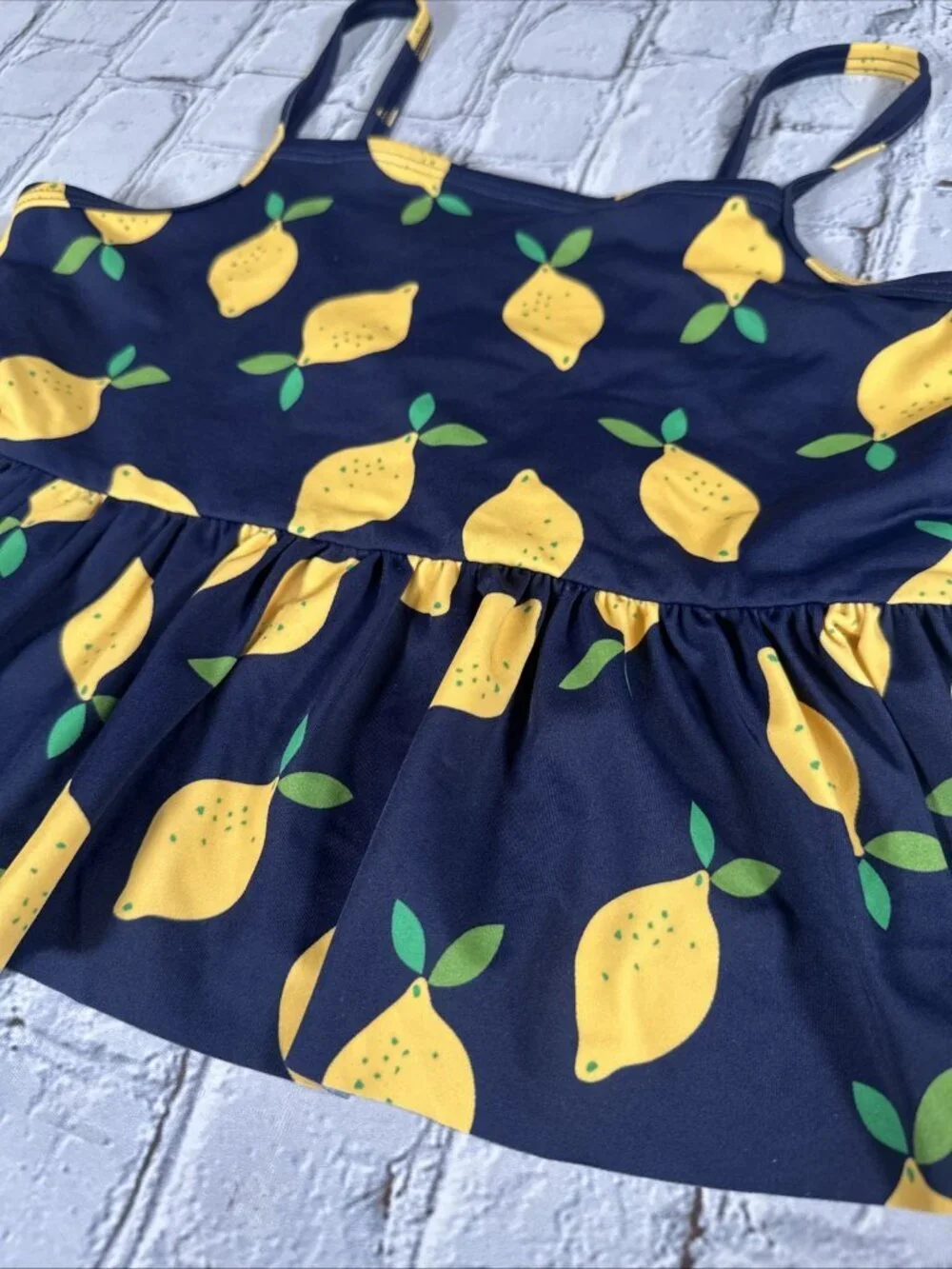 Hanna Andersson Lemon Tankini Swim Top Size 140 CM 10 Navy Blue Yellow Girls